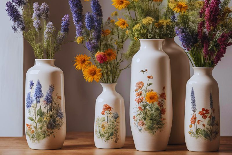 Exemplos de vasos decorativos com estampas de flores silvestres