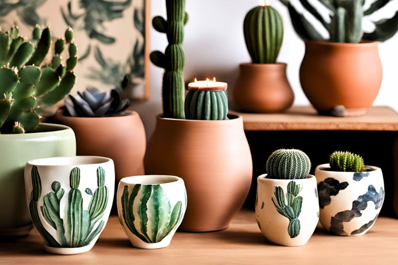 Vasos decorativos com estampa de cactos e suculentas