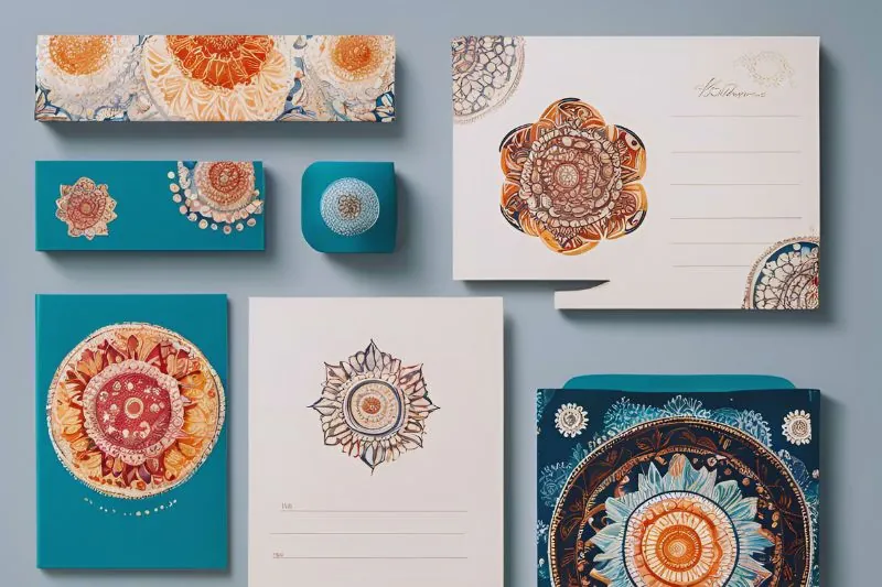 Estampa artesanal com mandalas em itens de papelaria