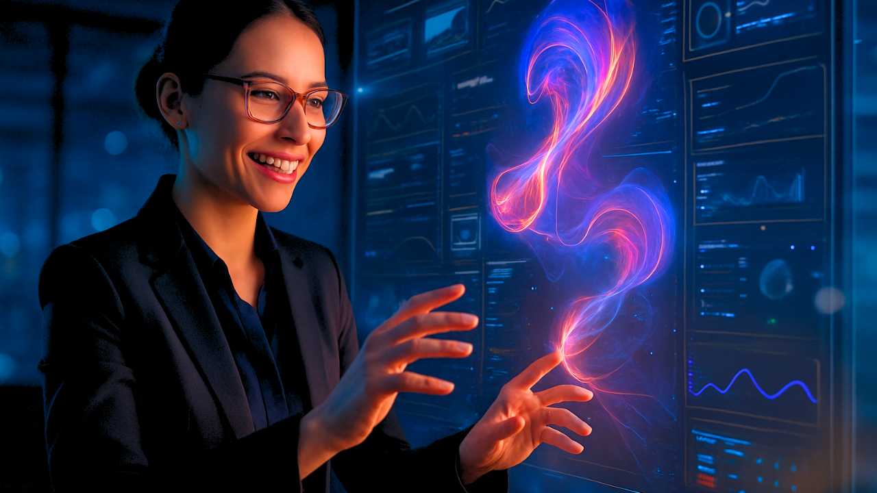 Designer feminina interagindo com tecnologia futurista, simbolizando a inovação e como ganhar dinheiro como designer com IA.