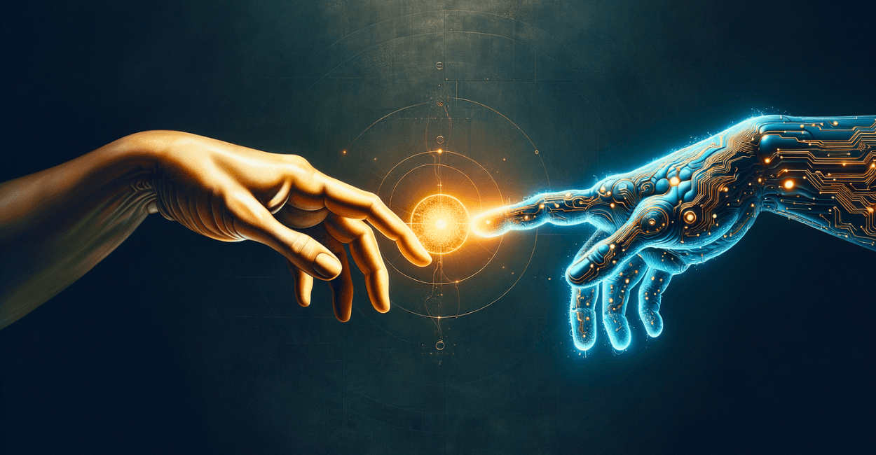 Duas mãos prestes a se tocar em estilo Michelangelo, uma humana e outra digital, com uma esfera dourada de luz entre elas, simbolizando a união entre criatividade humana e tecnologia no SEO Copywriting moderno.