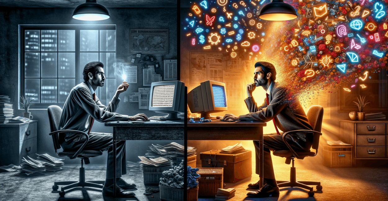 Imagem dividida mostrando a evolução do SEO: à esquerda, ambiente sombrio com profissional frustrado usando técnicas antigas; à direita, o mesmo ambiente transformado com cores vibrantes e fluxo criativo, representando o moderno SEO Copywriting.