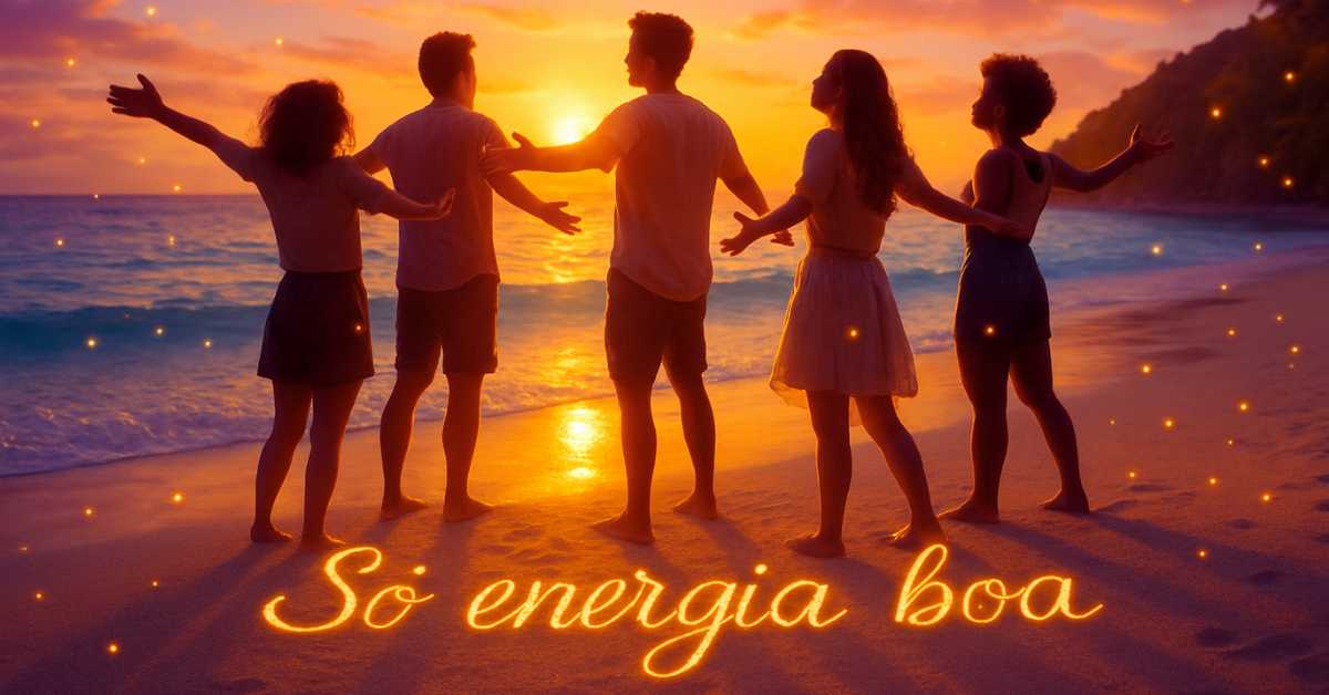 Grupo de amigos na praia ao pôr do sol com a frase 'Só energia boa', ideal para frases para status WhatsApp.
