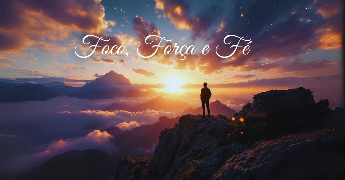 Imagem inspiradora com a frase 'Foco, força e fé' em um cenário de montanha ao amanhecer, ideal para frases para status WhatsApp.