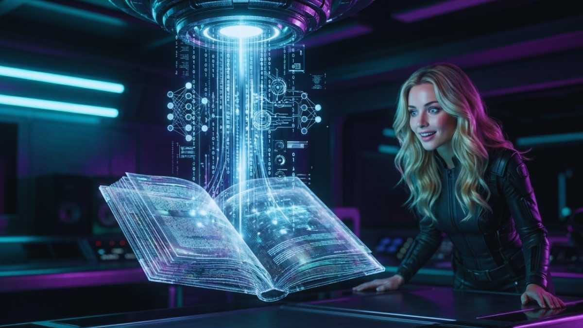 Mulher loira admirada com um livro holográfico flutuante sendo montado por dados digitais, representando a velocidade e o design do Gamma App ao criar ebook com ia para o mercado digital do Rio de Janeiro.